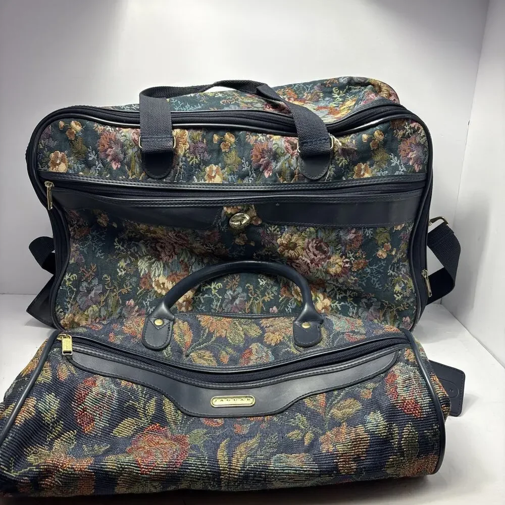 Vintage Jaguar Tapestry Weekender Travel Bag & Tote Purse Set JCPenney Floral